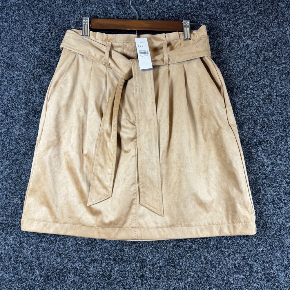 Loft Faux Suede Paperbag Mini Skirt Tan Camel Tie Waist‎ Size 4 NEW